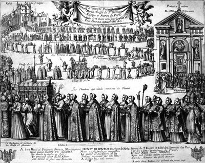 Prozession des Schreins von St. Germain und anderen von der Abtei Saint-Germain-des-Prés zur Kirche Saint-Sulpice, Paris, um 1652 von Nicolas Cochin